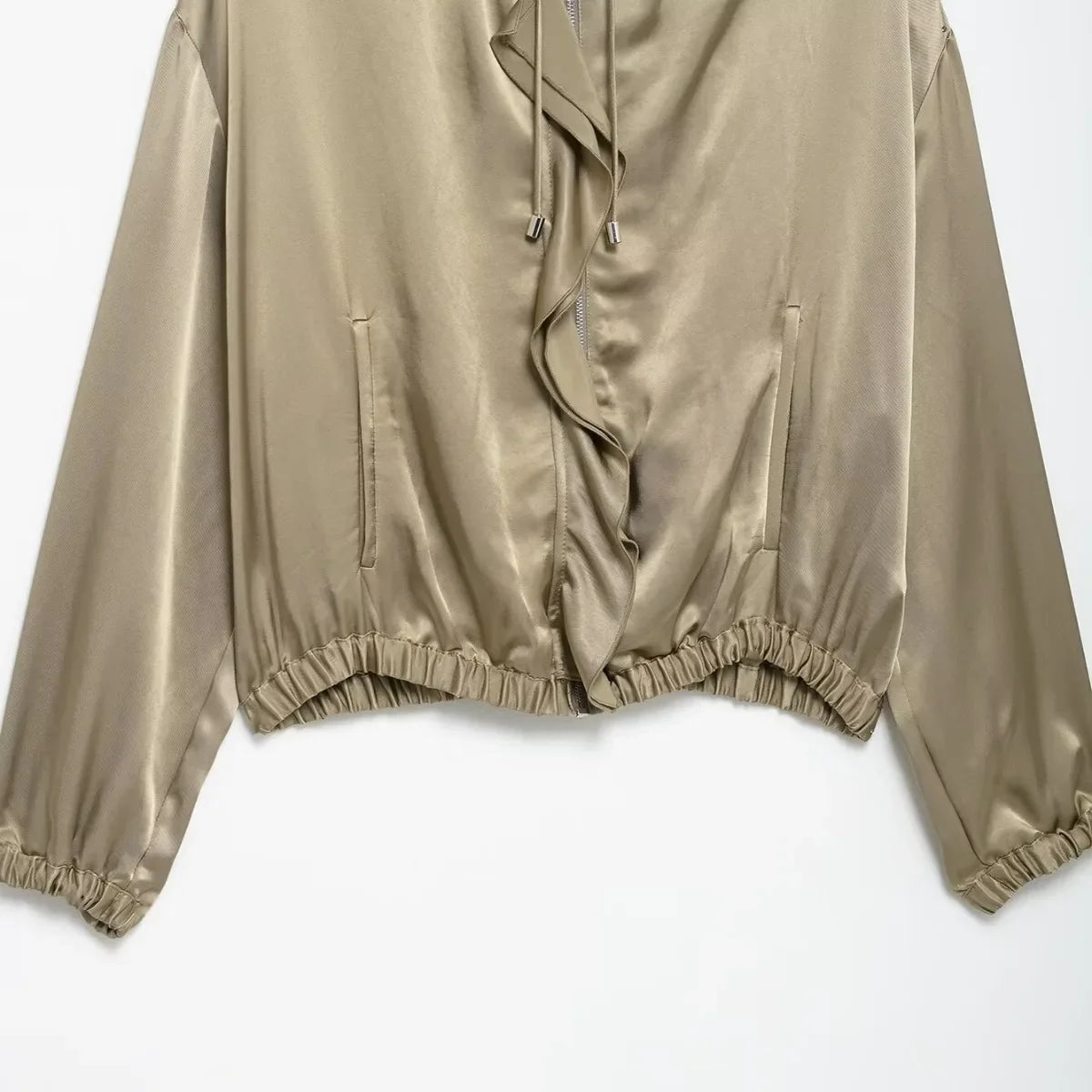 Yelena Satin Ruffle Bomber Jacket