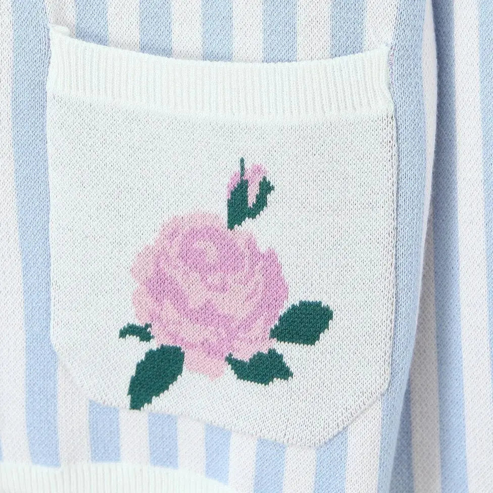 Amelie Floral Blue Striped Pointelle Knit Cardigan