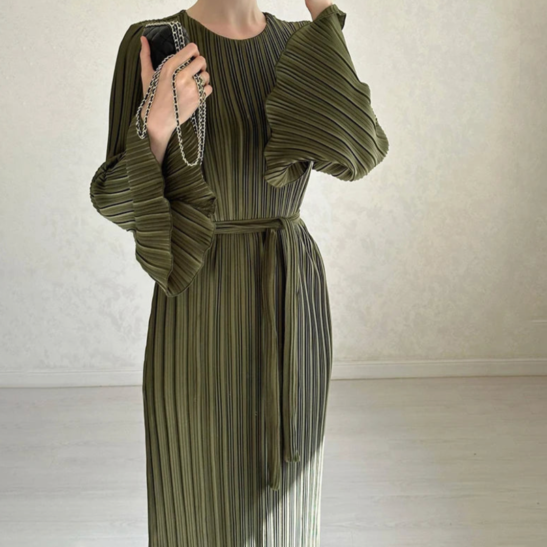 Hollis Pleated Ruffle Sleeves Maxi Dress - BLUE/ L - SALE