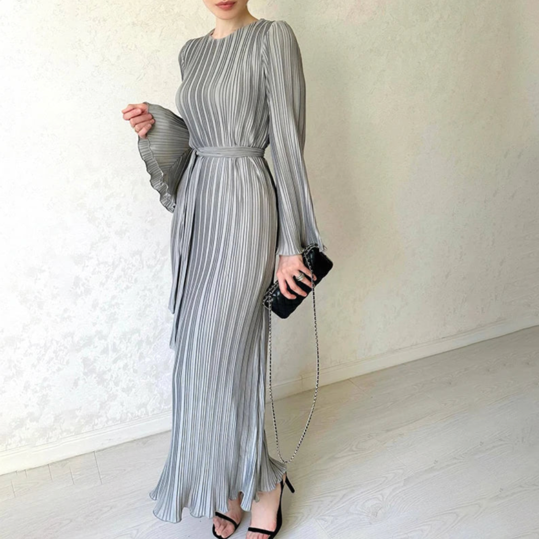 Hollis Pleated Ruffle Sleeves Maxi Dress - BLUE/ L - SALE