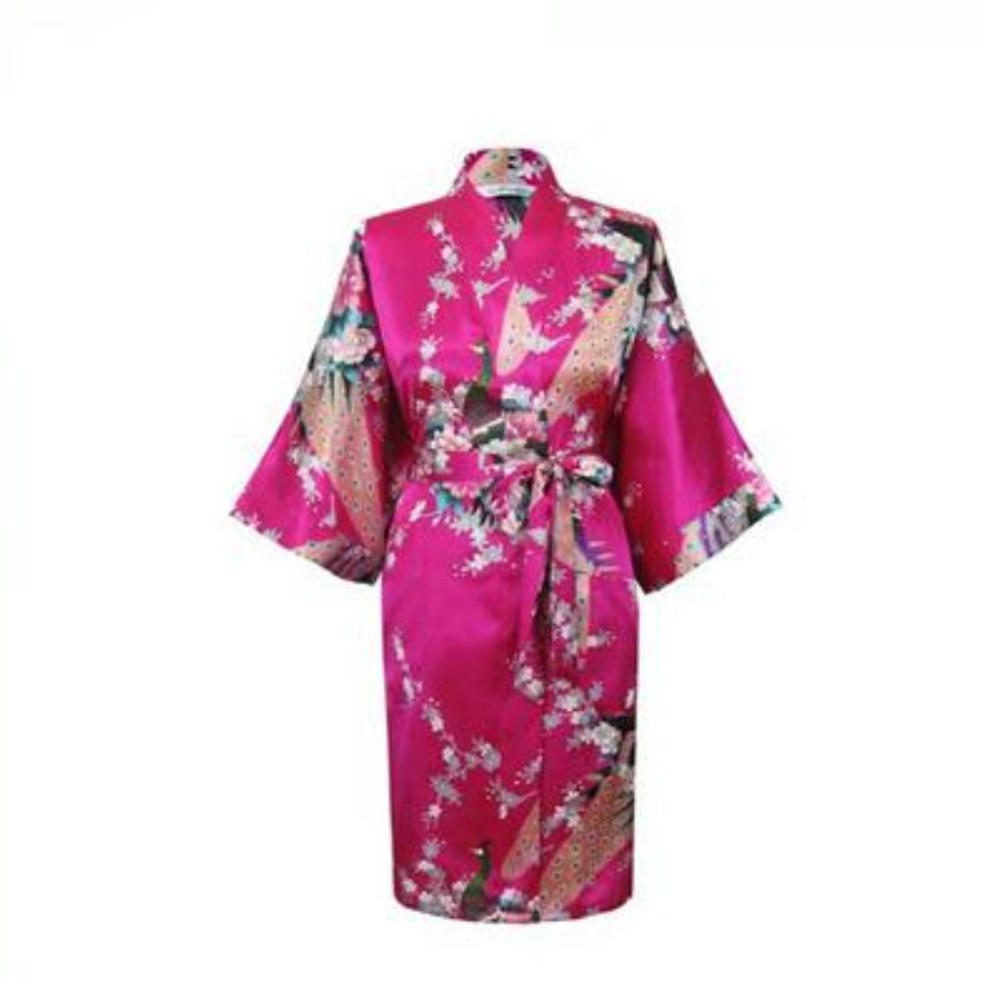Floral Satin Mini Kimono Robes - Dark-Pink Color M