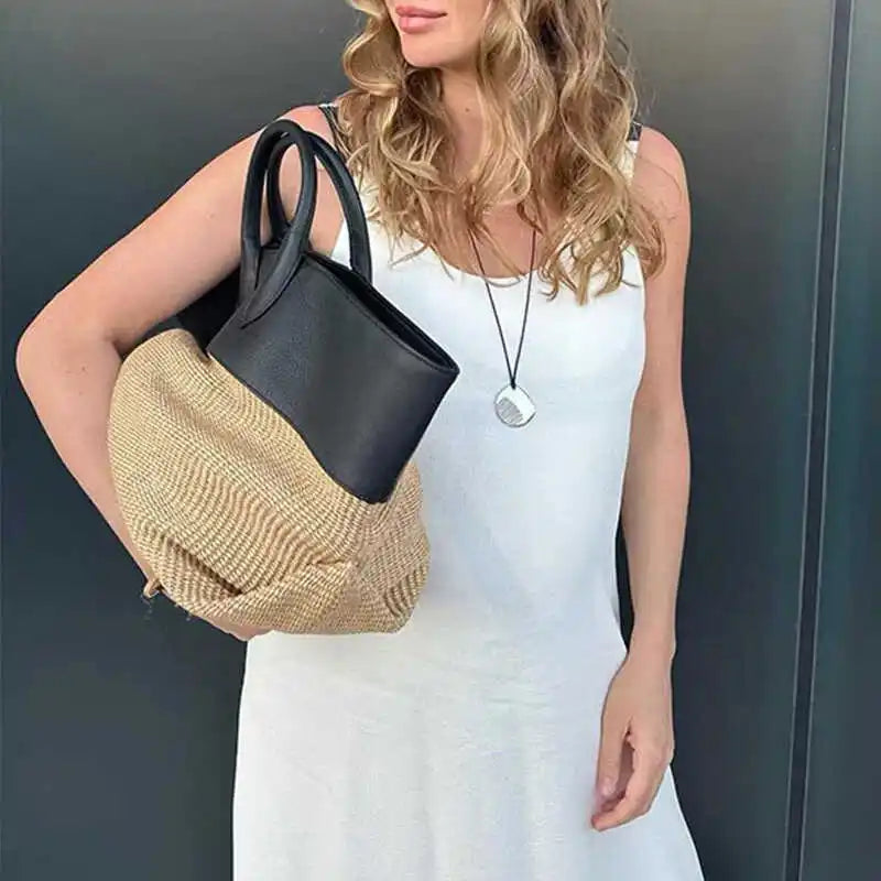 Elei Leather Patchwork Straw Large Tote