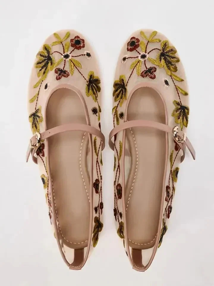 Saachi Floral Embroidery Mesh Ballet Flats