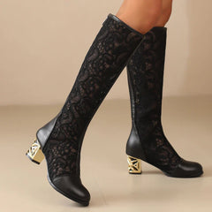 Maritta Floral Lace Mesh Knee High Boots