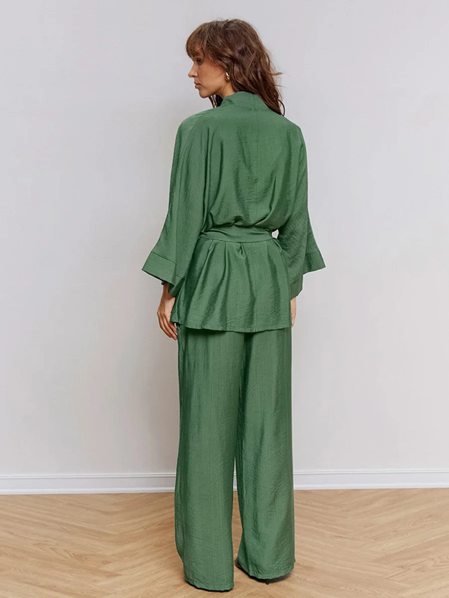 Lena Green Belted Top & Pants Set