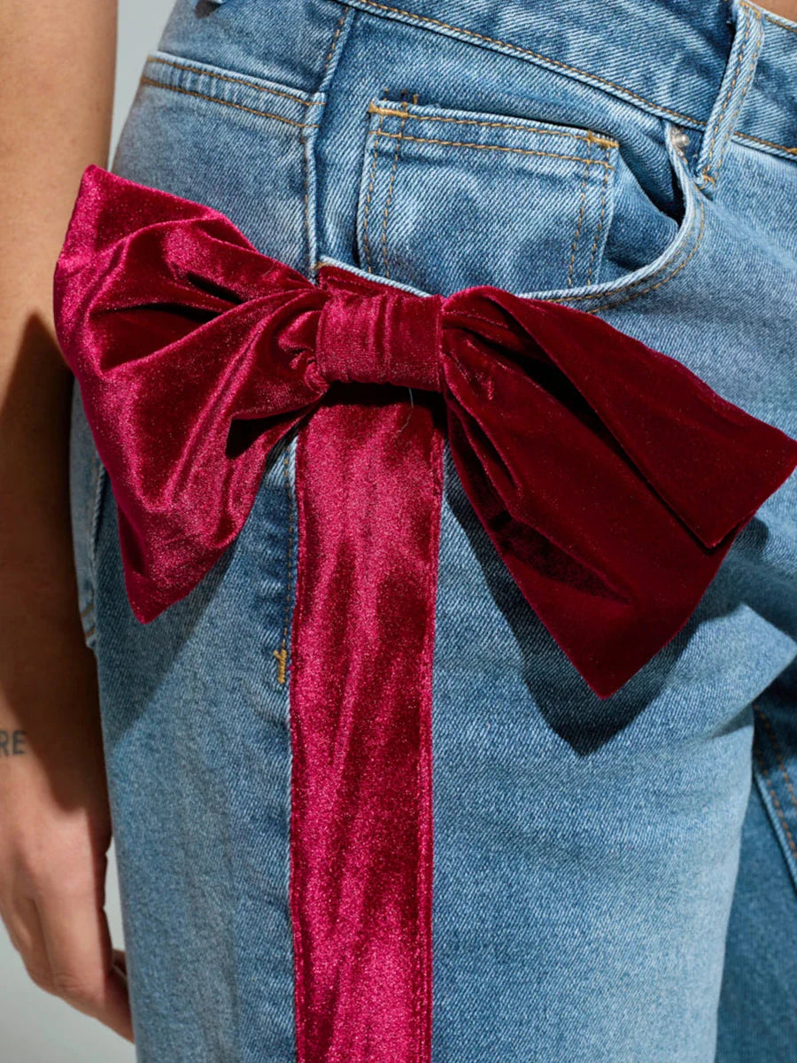 Georgina Velvet-Bow Side Stripe Wide-Leg Jeans
