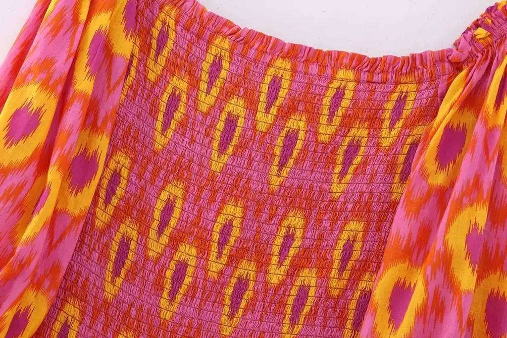 Kyra Printed Off the Shoulder Shirring Dress
