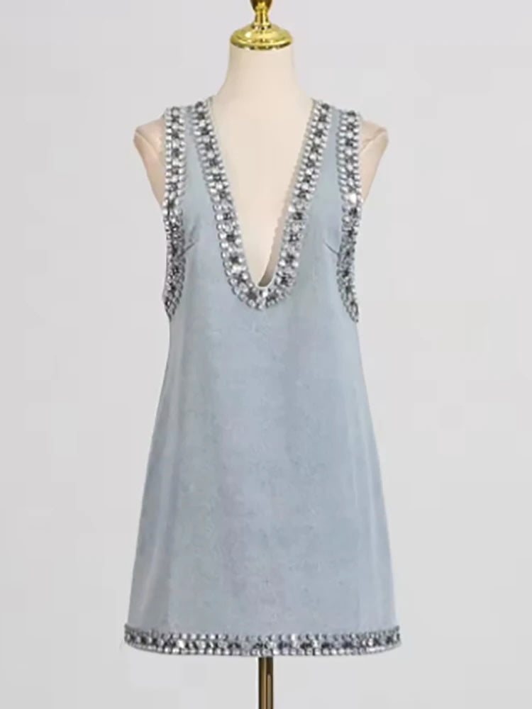 Aria Crystal Trim Plunge Neck Mini Denim Dress