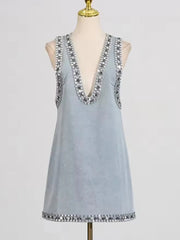Aria Crystal Trim Plunge Neck Mini Denim Dress