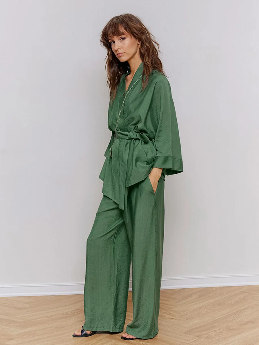 Lena Green Belted Top & Pants Set