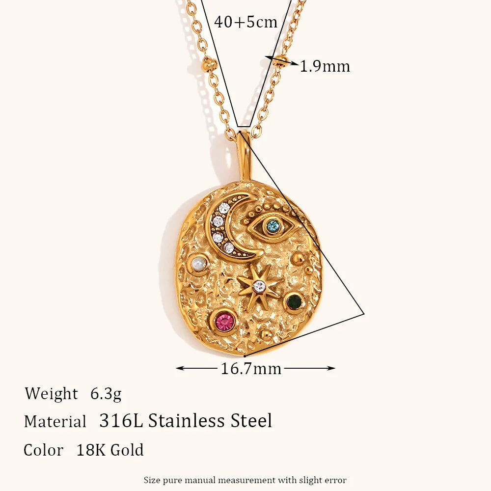CZ Star Moon Texture Disk Pendant Necklace