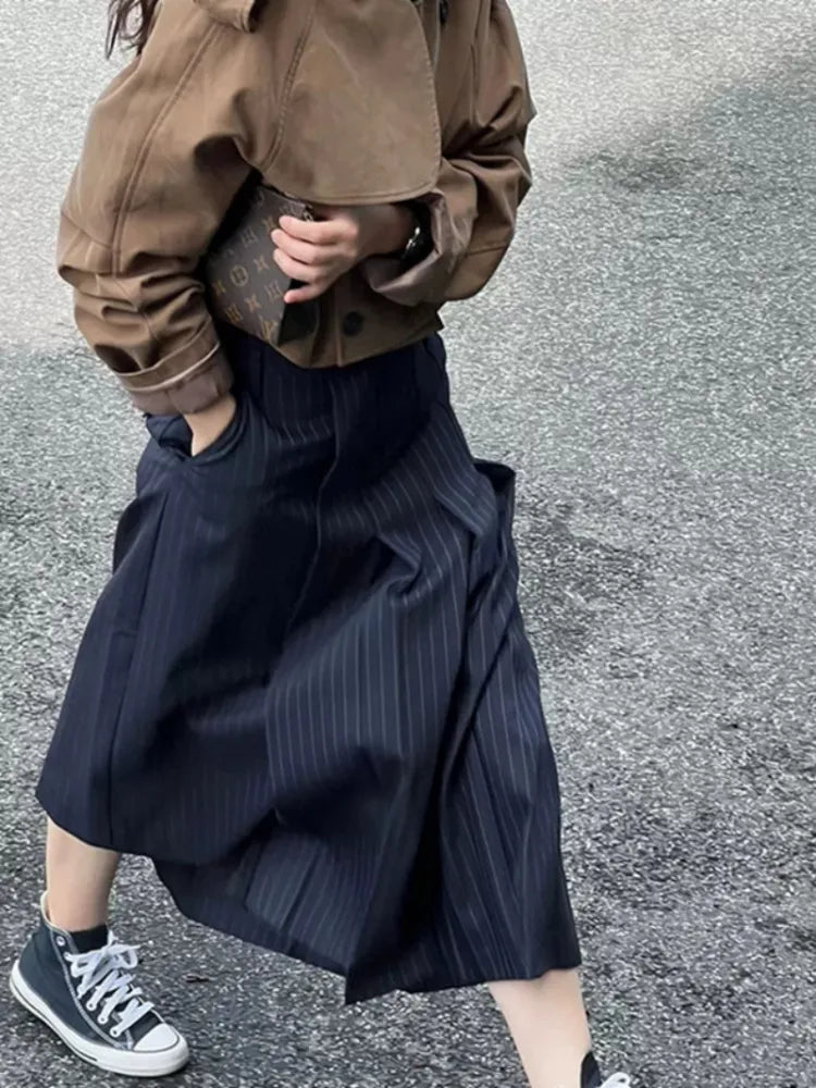Jamesina Asymmetric Wrap Pinstripe Maxi Skirt