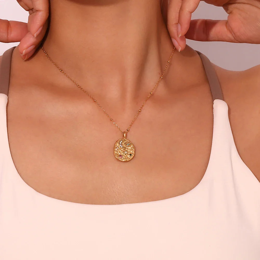CZ Star Moon Texture Disk Pendant Necklace
