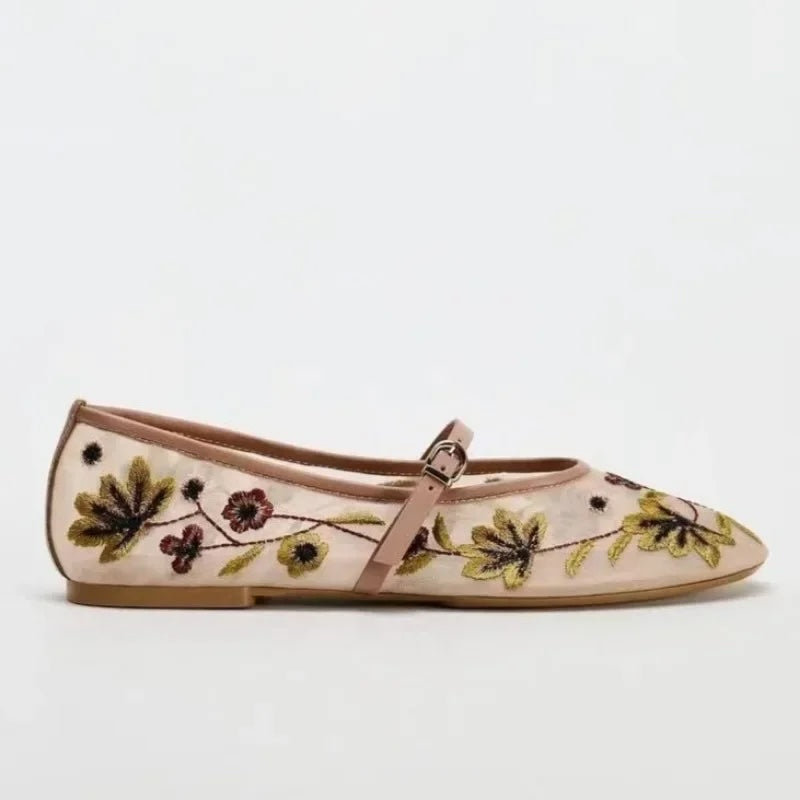 Saachi Floral Embroidery Mesh Ballet Flats