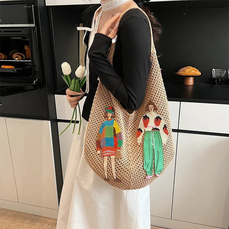 Tamara Two Girls Embroidery Knit Shoulder Bags