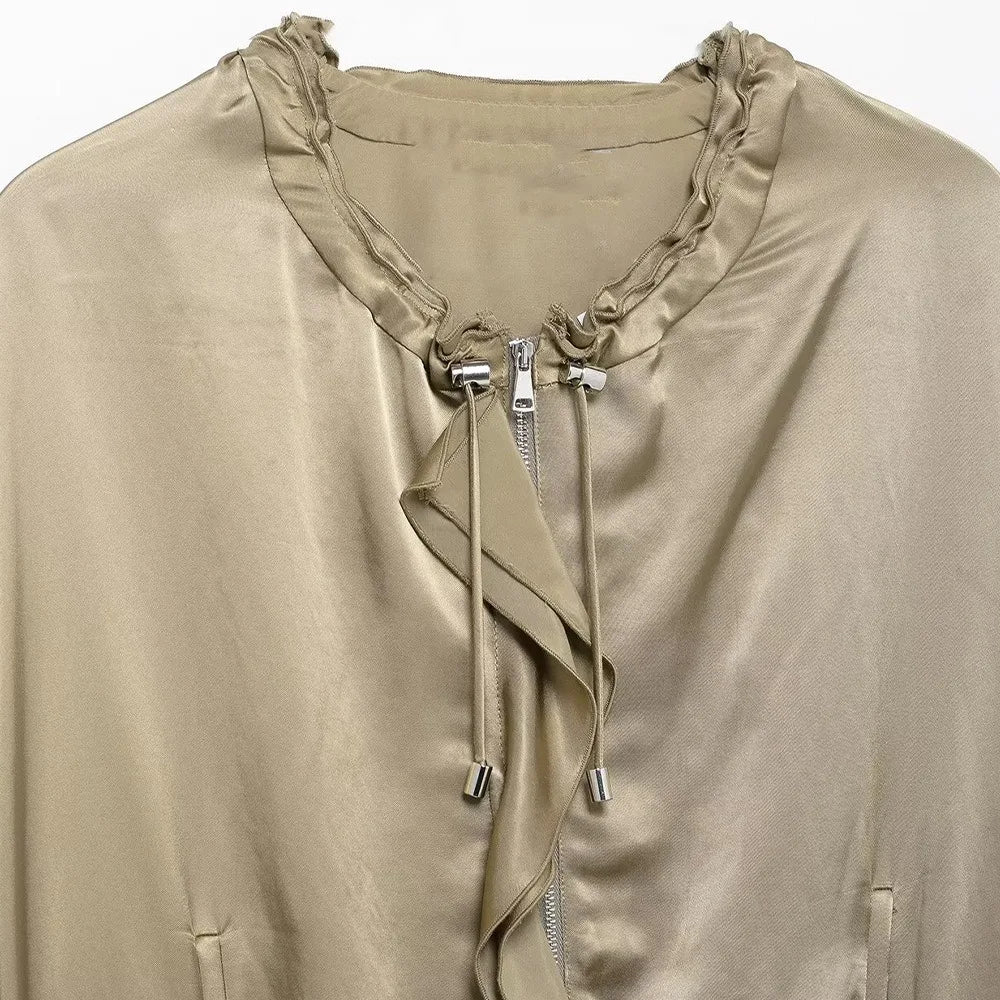 Yelena Satin Ruffle Bomber Jacket