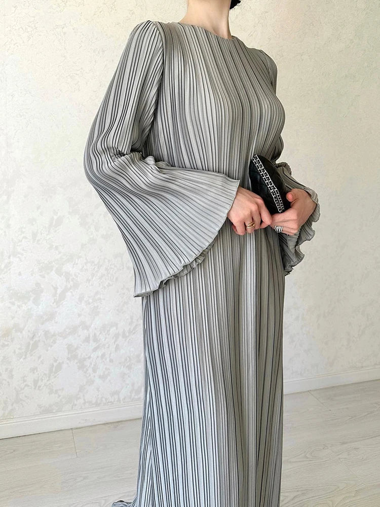 Hollis Pleated Ruffle Sleeves Maxi Dress - BLUE/ L - SALE
