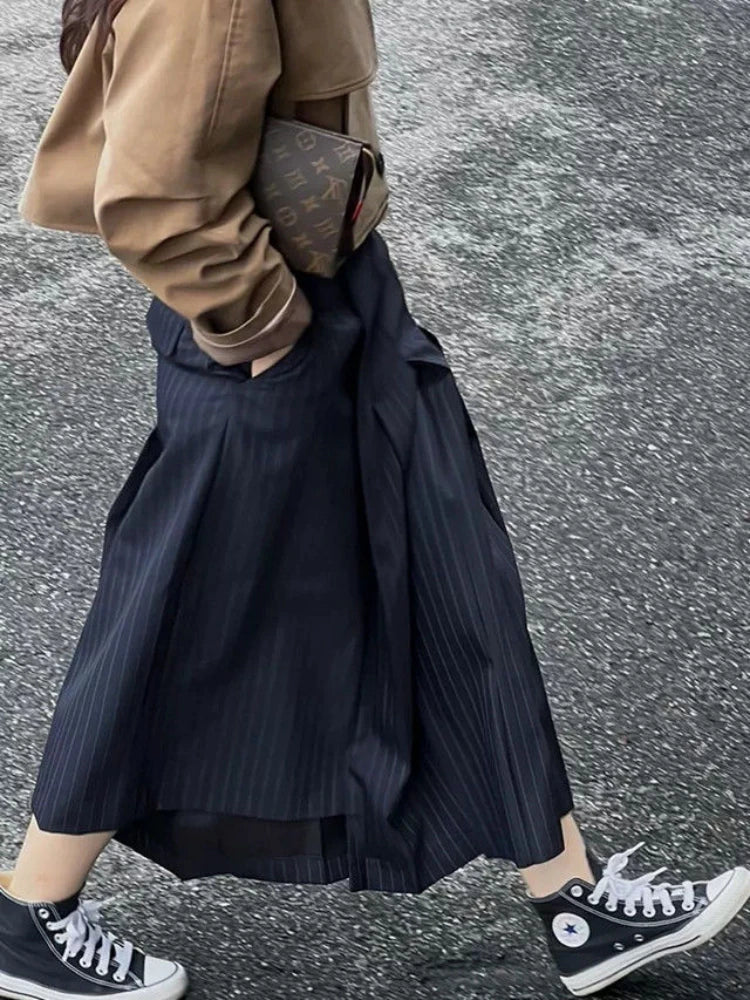 Jamesina Asymmetric Wrap Pinstripe Maxi Skirt