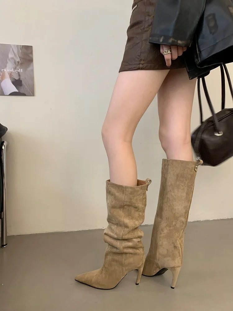 Catherine Pointed Toe Knee-High Suede Slouchy Boots