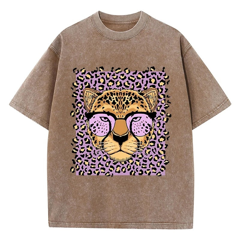 Vintage Wash Glassed Leopard Graphic T-Shirts