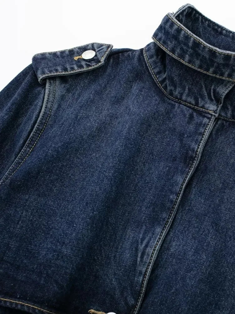 Sable High Stand-Collar Denim Trench Coat