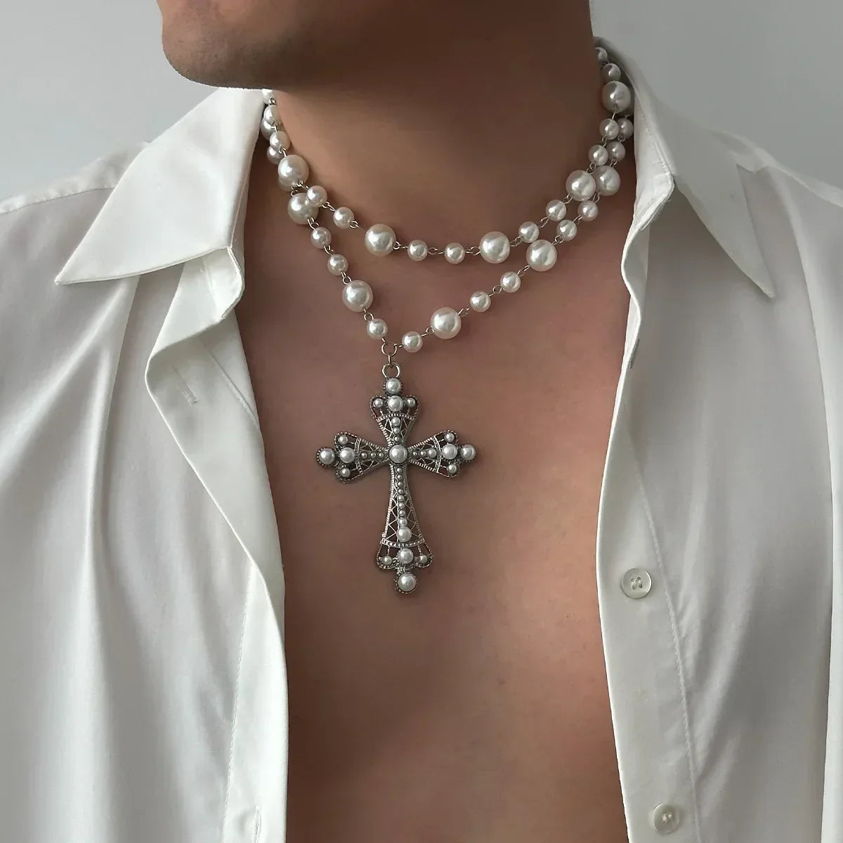 Imelda Baroque Crystal Cross and Pearl Necklace