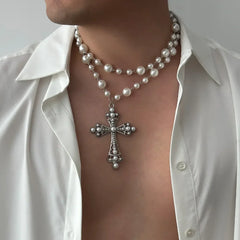 Imelda Baroque Crystal Cross and Pearl Necklace