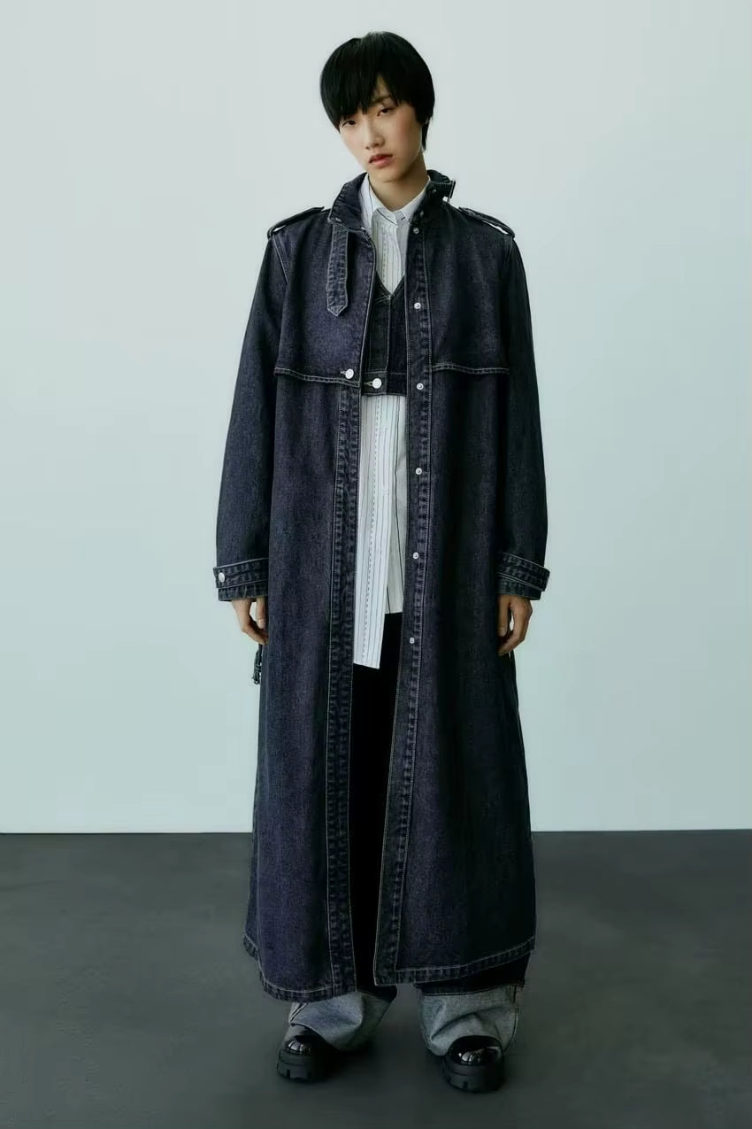 Sable High Stand-Collar Denim Trench Coat