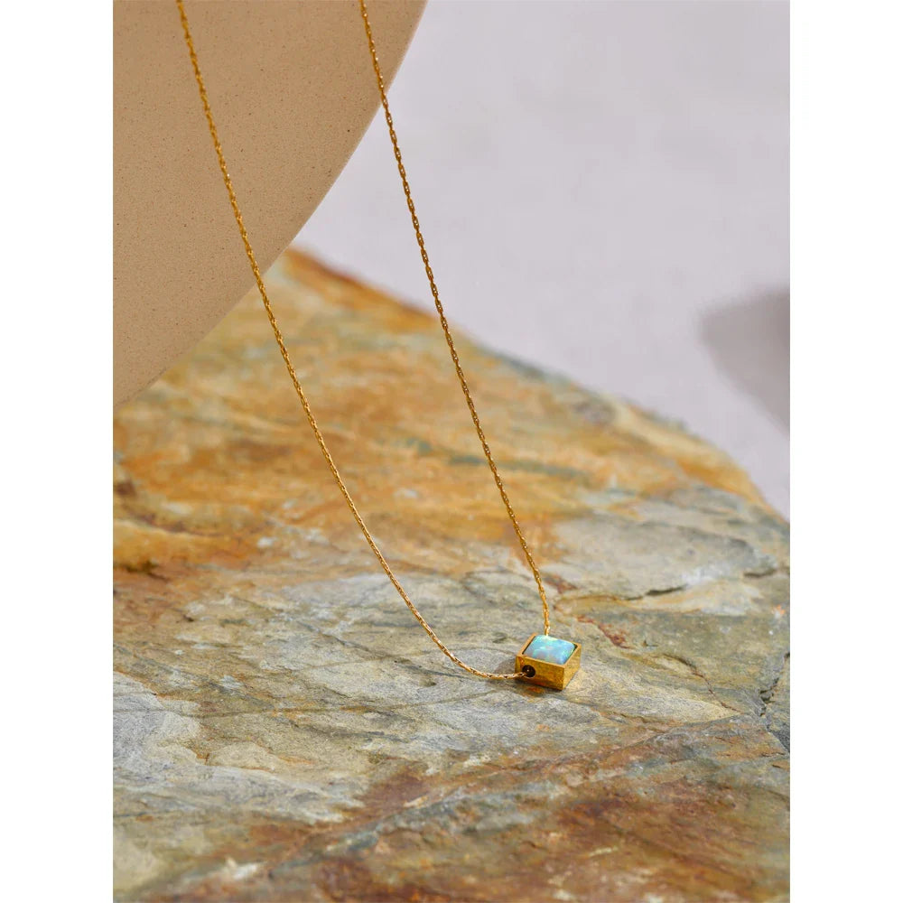 Elegant Square Natural Opal Stone Pendant Necklace