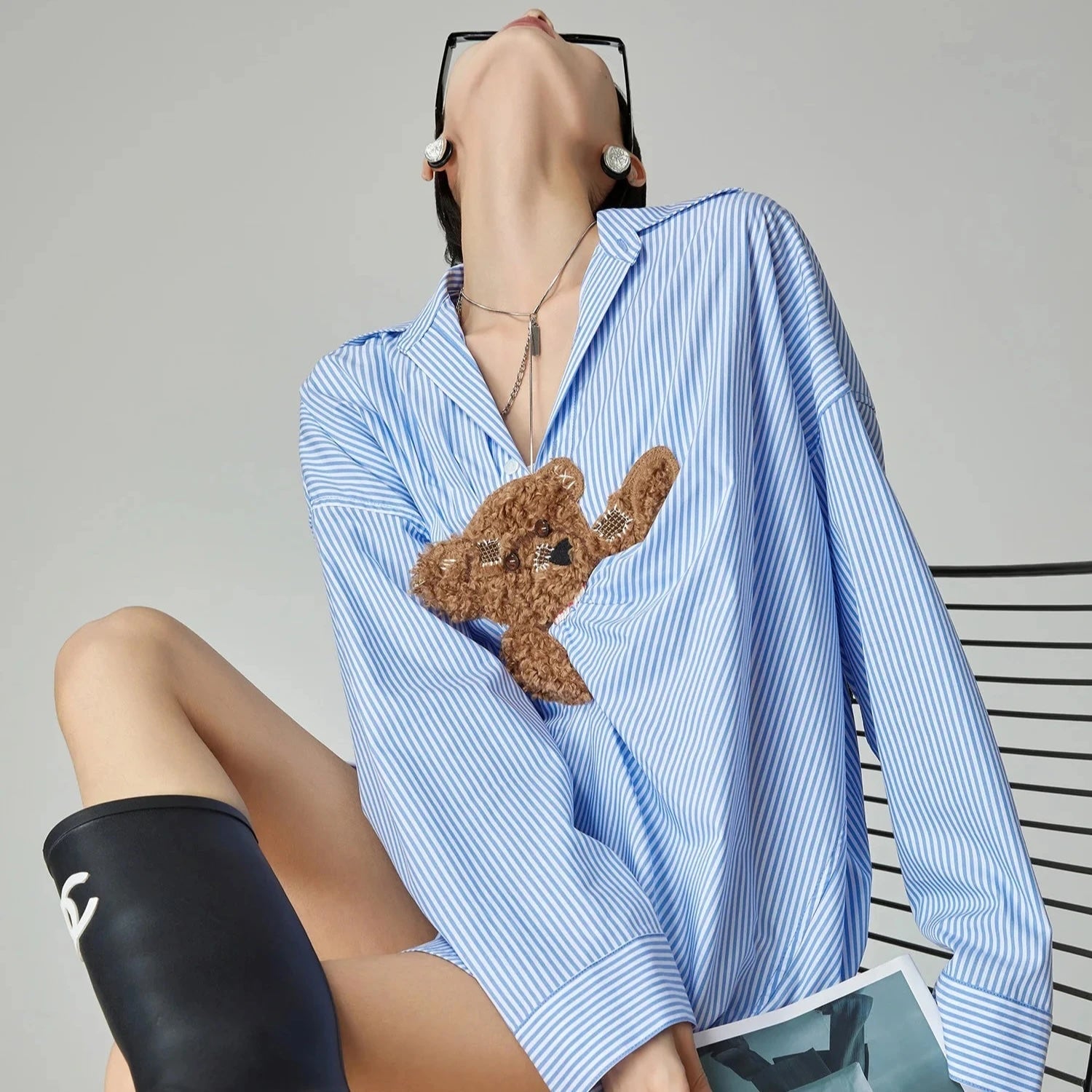 Dores Teddy Bear Patchwork Pin Stripe Shirts