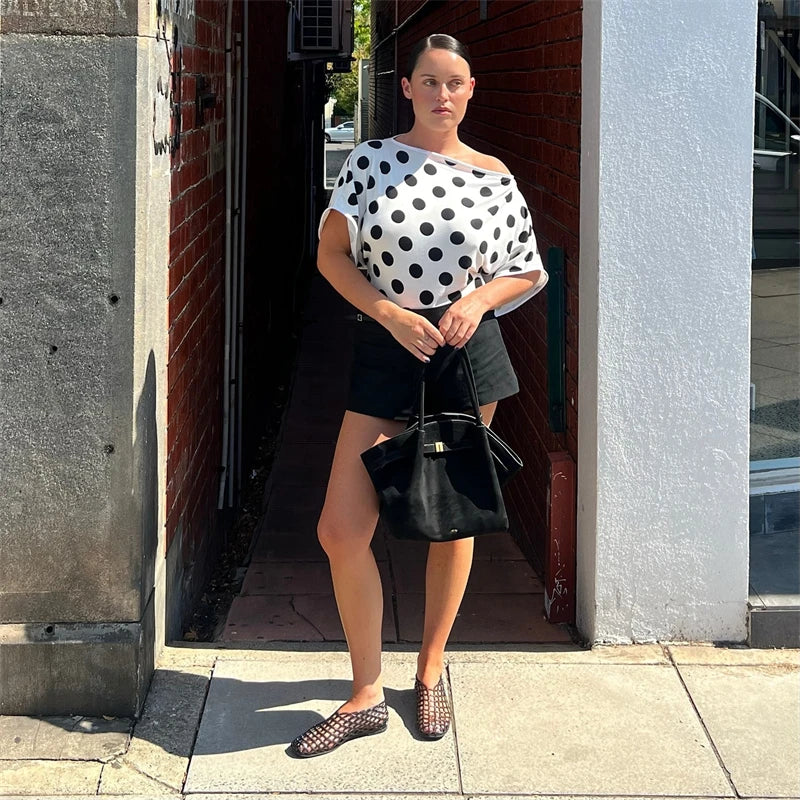 Rael Big Polka Dot One-Shoulder Short Sleeve Top