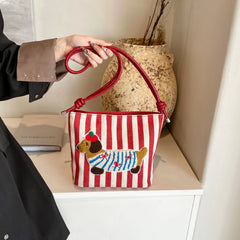 Cute French Poppy Patchwork Stripe Shoulder Bag