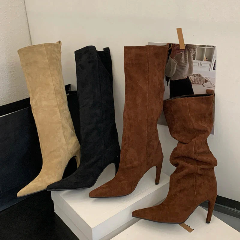 Catherine Pointed Toe Knee-High Suede Slouchy Boots