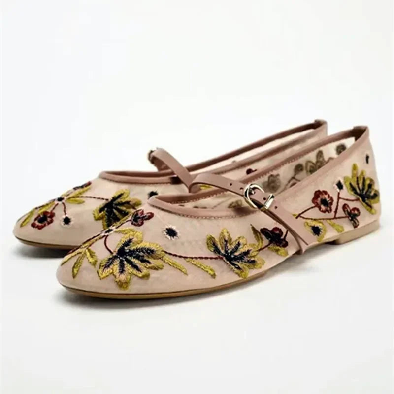 Saachi Floral Embroidery Mesh Ballet Flats