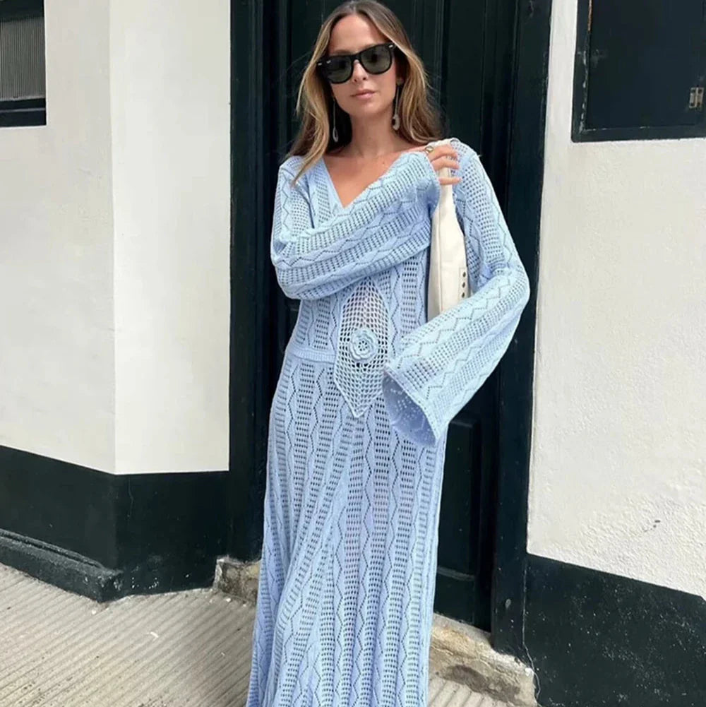Bethel Blue Crochet Knit Maxi Dress