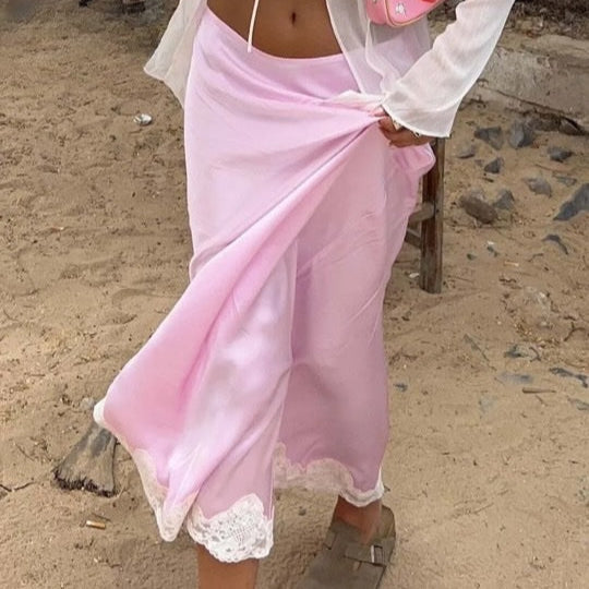 Sirke Lace Trim Maxi Satin Skirts