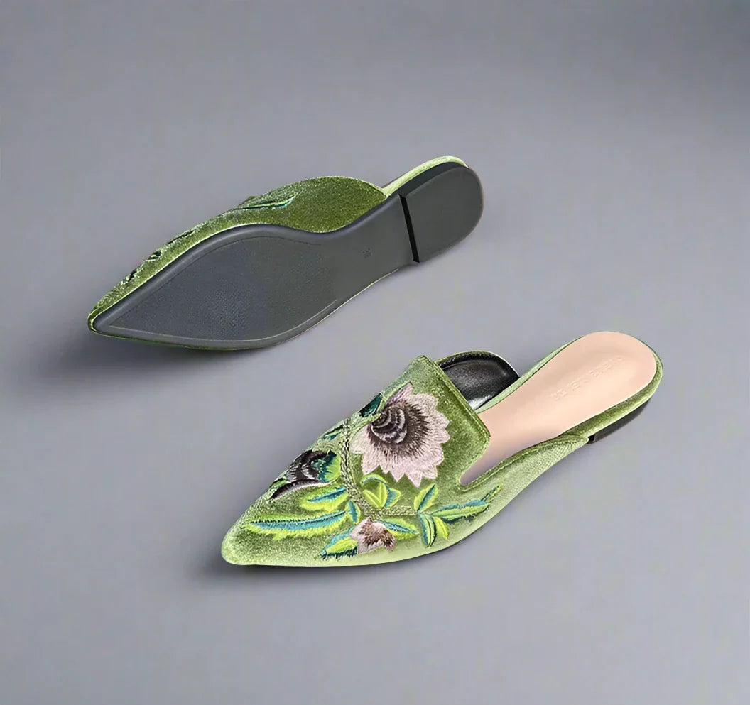 Sofia Flower Embroidery Velour Kitten Heel Mules