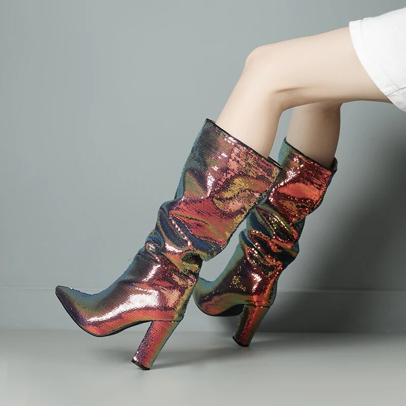 Stafa Mermaid Sequin Metallic Knee High Boots