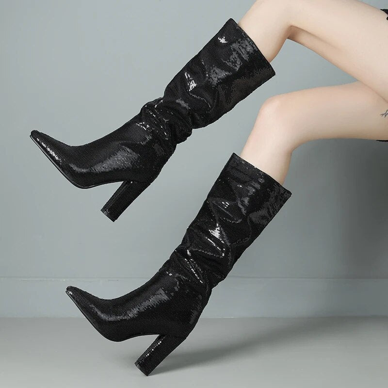 Stafa Mermaid Sequin Metallic Knee High Boots