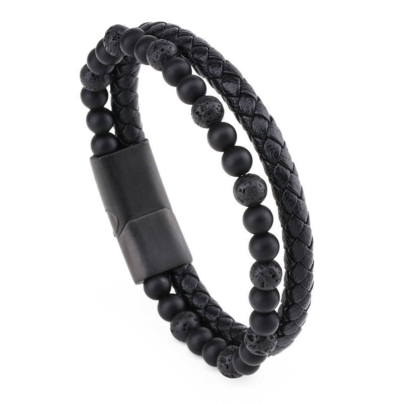 Stone Beads & Braid Leather Bracelet