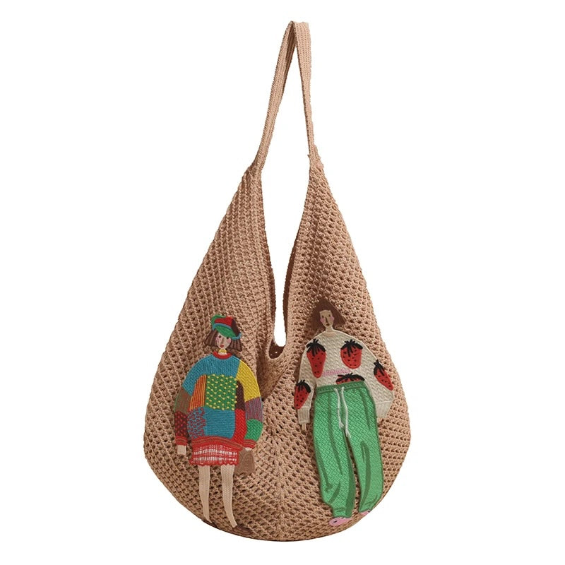 Tamara Two Girls Embroidery Knit Shoulder Bags