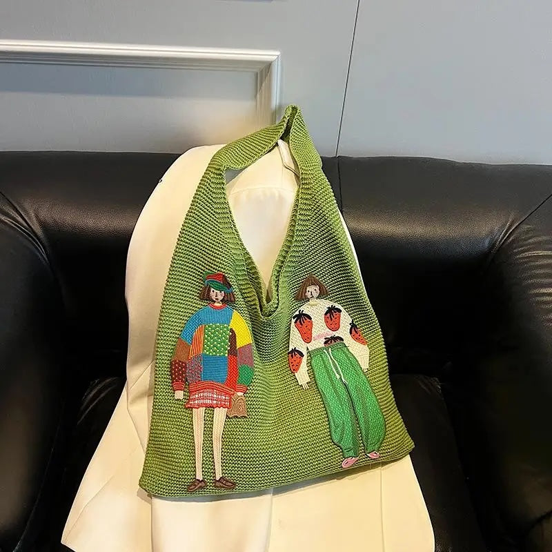 Tamara Two Girls Embroidery Knit Shoulder Bags