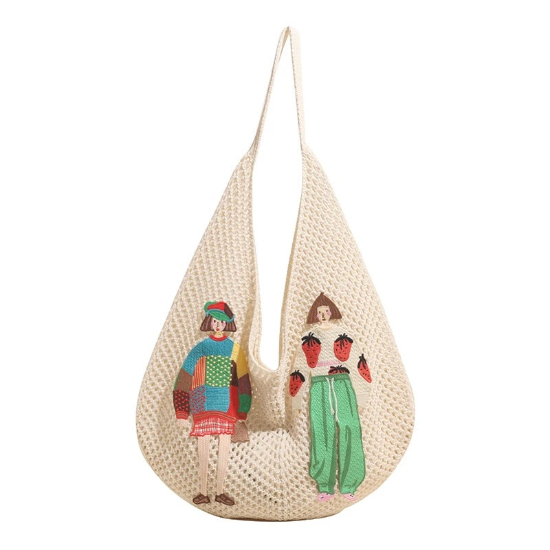Tamara Two Girls Embroidery Knit Shoulder Bags