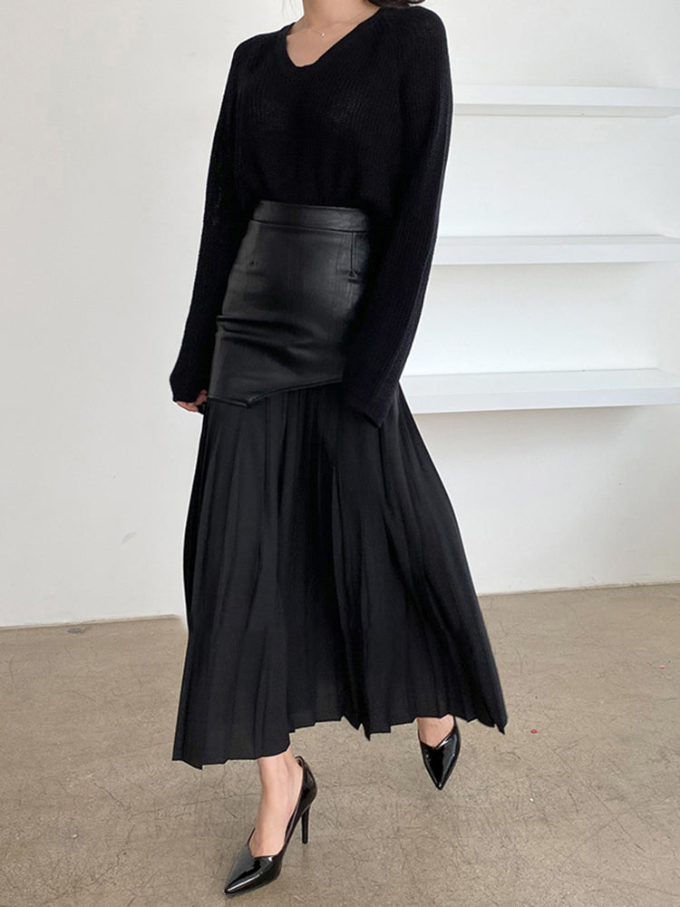 Tami Pleated Skirt with Faux Leather Patchwork - 2 Colors