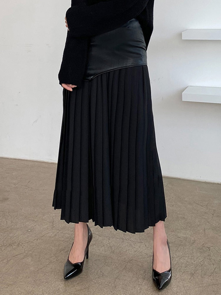 Tami Pleated Skirt with Faux Leather Patchwork - 2 Colors