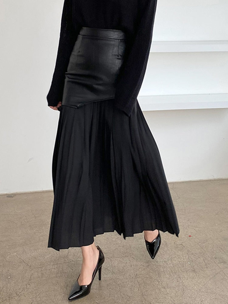 Tami Pleated Skirt with Faux Leather Patchwork - 2 Colors