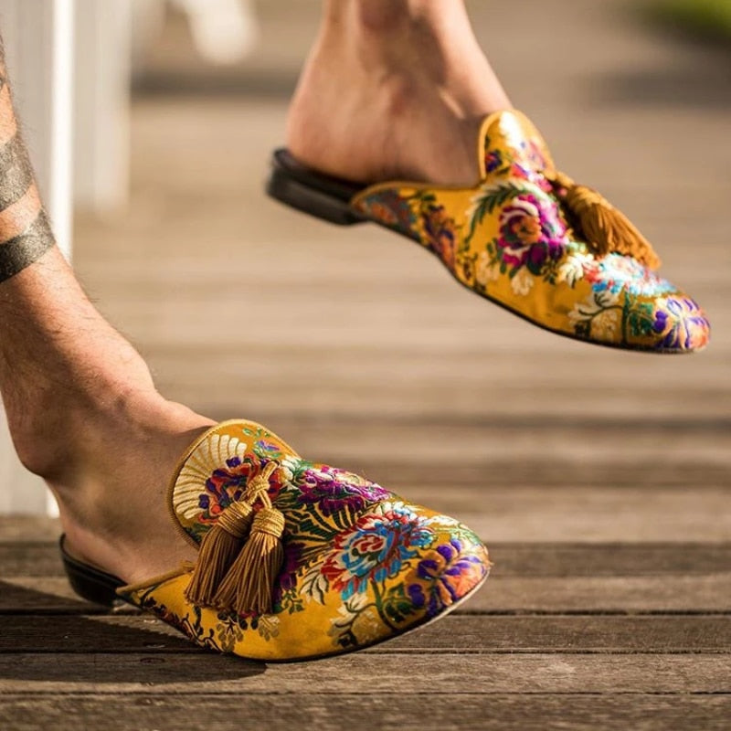 Tassel Silk Embroidery Mule Slipper - Unisex