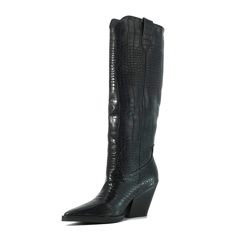 Tena Croco Pattern Knee High Western Boots