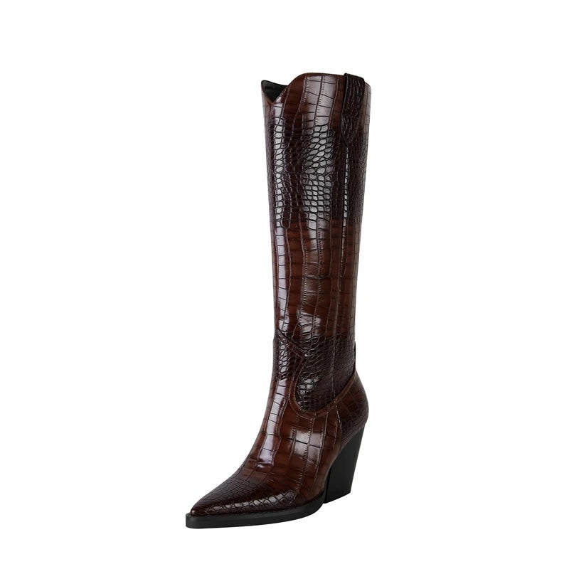 Tena Croco Pattern Knee High Western Boots