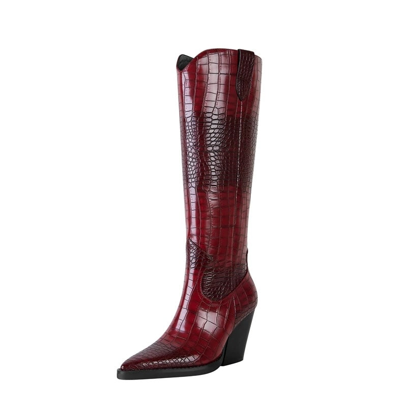 Tena Croco Pattern Knee High Western Boots